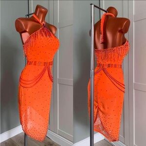 Paula George Orange Latin Dress Competitive Stoned Mesh Dress M/L